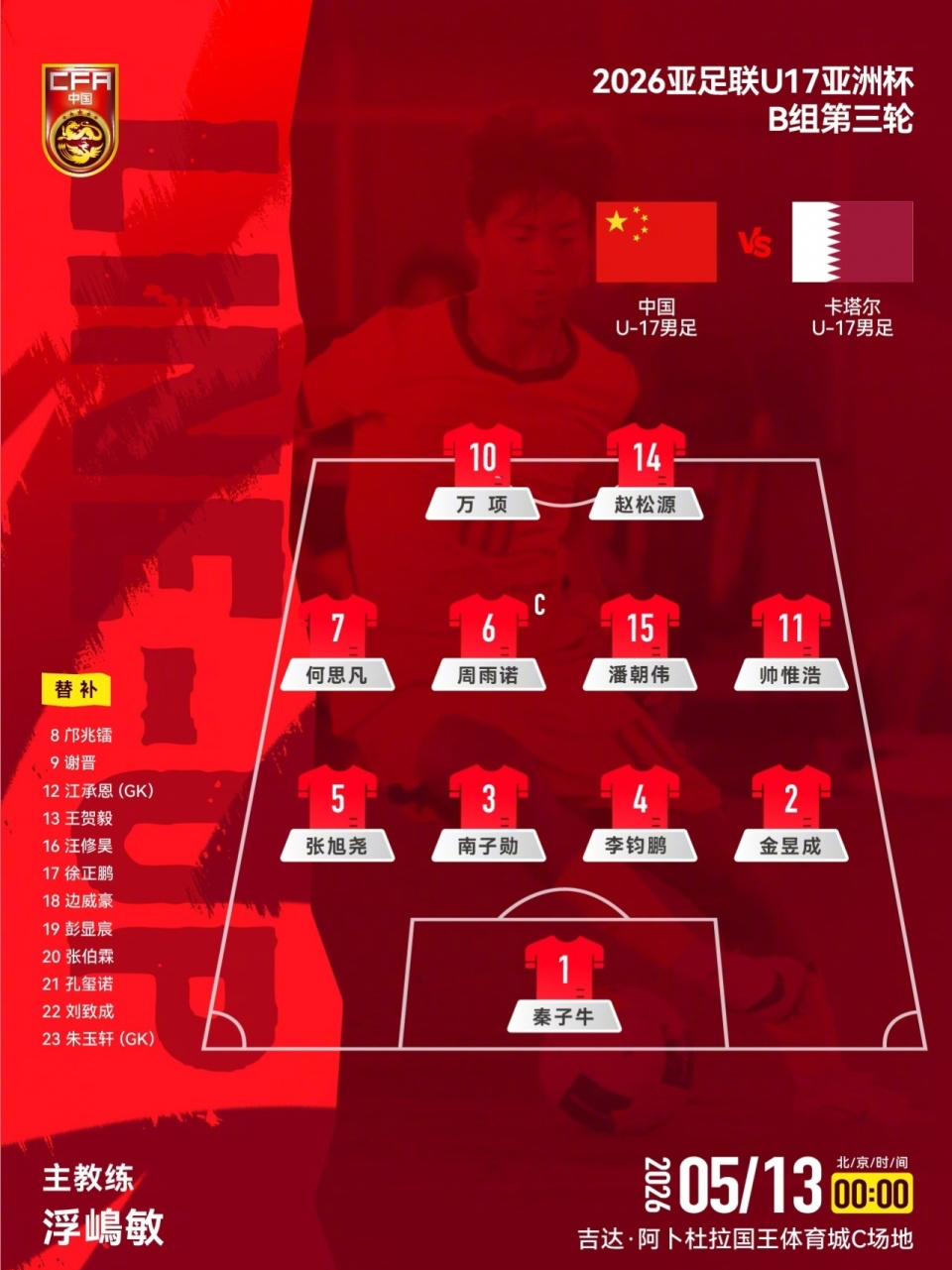 ggbet网页版-U17国足VS卡塔尔首发：生死战仅更换1人！何思凡先发，邝兆镭替补